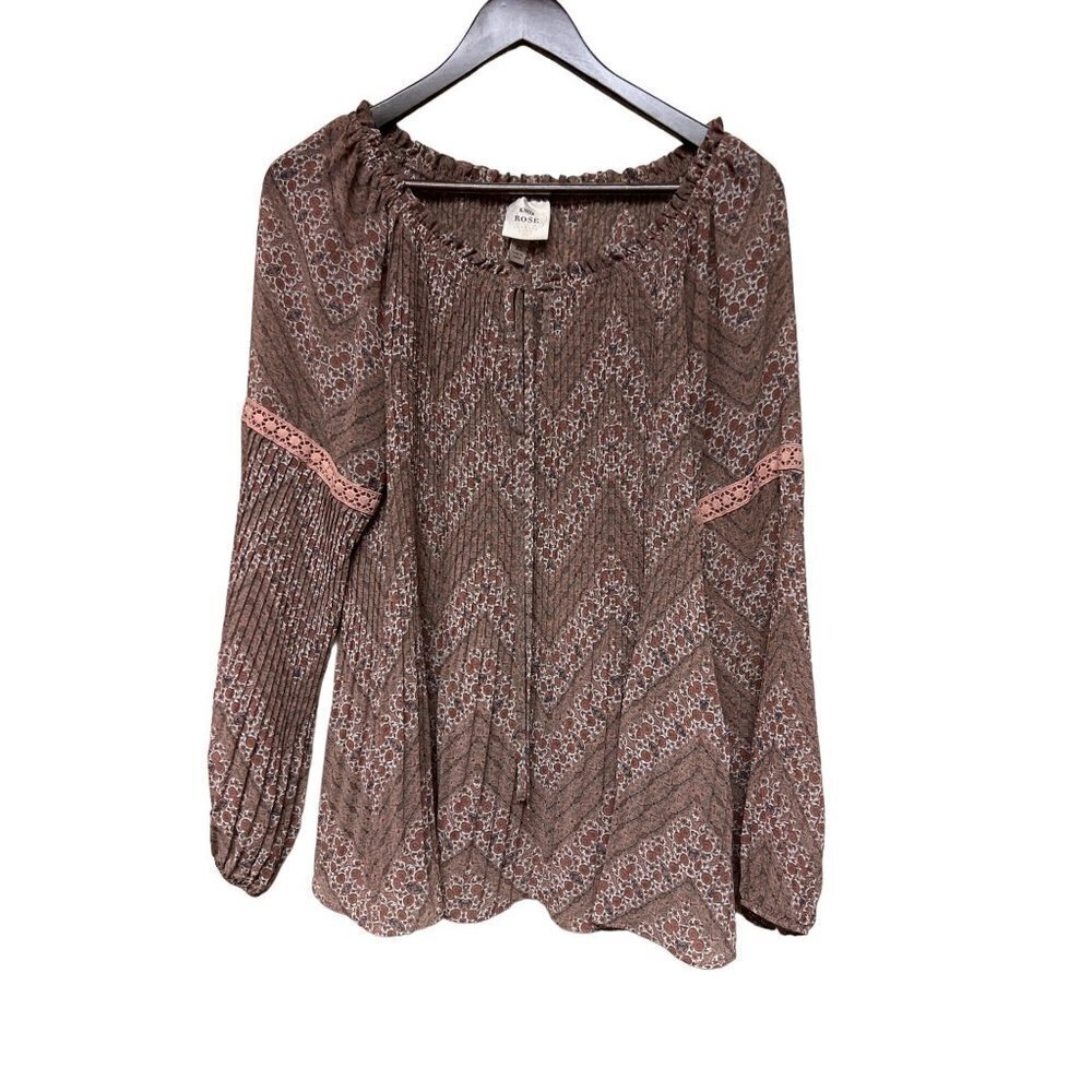 Knox Rose Brown Pink Floral Chevron Boho Pull Over Blouse Women's XL